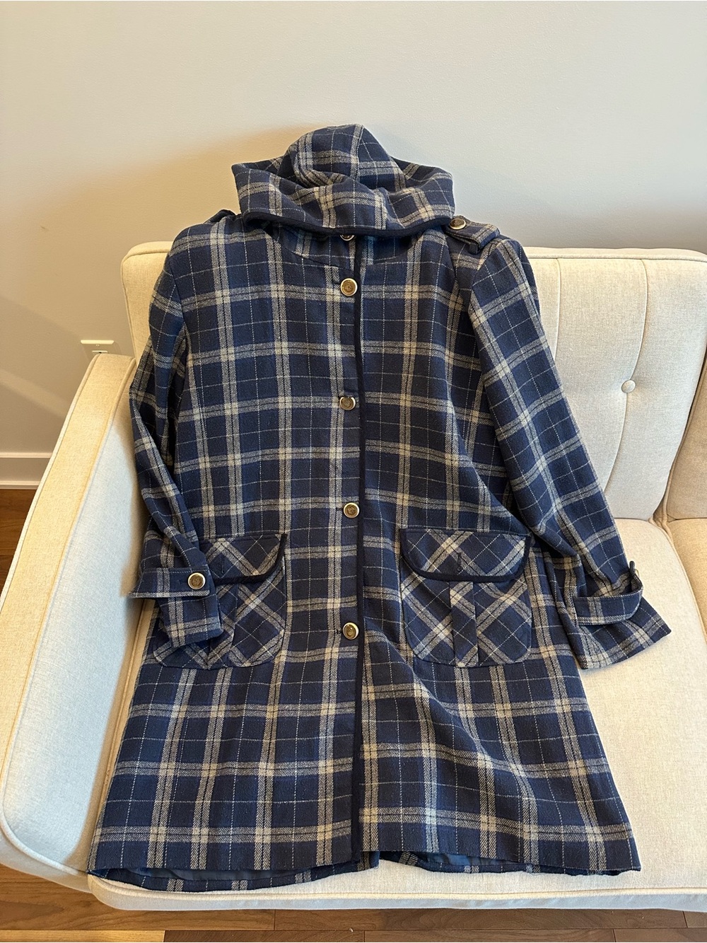 Plaid Navy Blue Hooded Coat